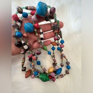 Long Colorful Hand Rolled Hand Painted Paper Bead Necklace 68”